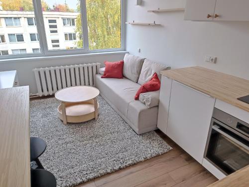 a living room with a couch and a table at Stylish Studio in Central Vilnius in Vilnius