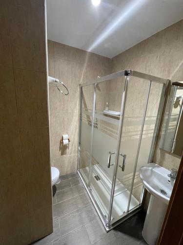 a bathroom with a shower and a toilet and a sink at Hostal Tres Hermanos in Getafe