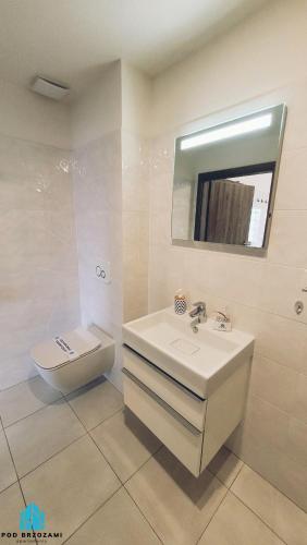 a white bathroom with a sink and a toilet at Pod Brzozami Apartamenty 5 Mórz in Ustronie Morskie