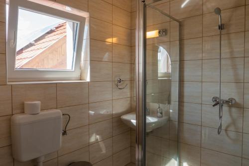 La salle de bains est pourvue d'une douche, de toilettes et d'un lavabo. dans l'établissement Alsószuha Lovas Panzió, à Alsószuha