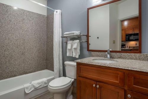 a bathroom with a toilet and a sink and a mirror at MainStay Suites Denham Springs - Baton Rouge East in Denham Springs