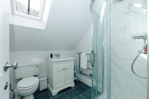 a bathroom with a toilet and a glass shower at The Woodpecker - 1 Bedroom Annexe in Harpsden