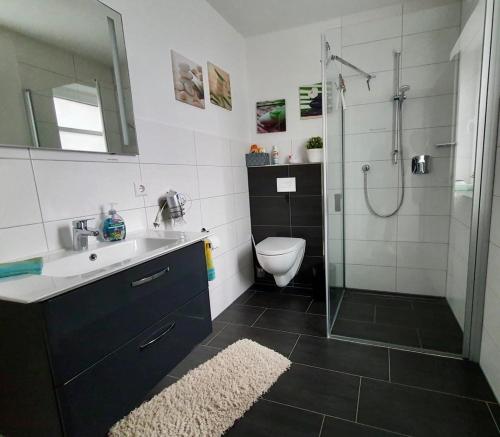 y baño con ducha, lavabo y aseo. en Lemke-Ferienwohnung en Nordhorn