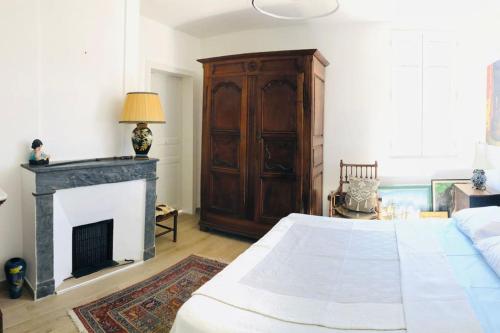 een slaapkamer met een groot bed en een open haard bij Appartement Standing Hôtel Particulier Montpellier in Montpellier