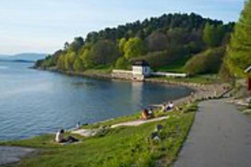 a view of a body of water with people on the shore at Bedroom in apartment 12 minutes to Oslo City by train in Oslo