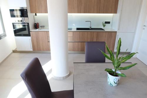 a kitchen with a table and a potted plant at La casa di Loris in Sarzana