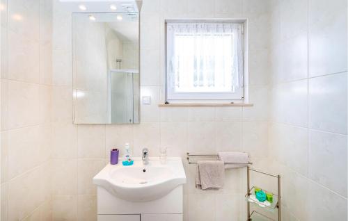 uma casa de banho branca com um lavatório e um espelho em 1 Bedroom Nice Apartment In Razanac em Ražanac