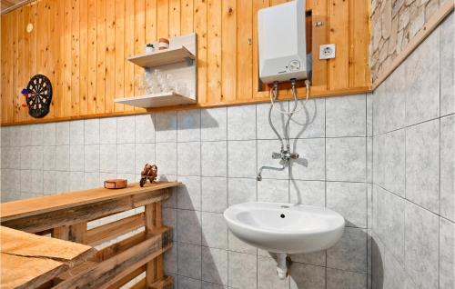 baño con lavabo blanco y paredes de madera en 2 Bedroom Gorgeous Home In Gornje Stative en Gornje Stative