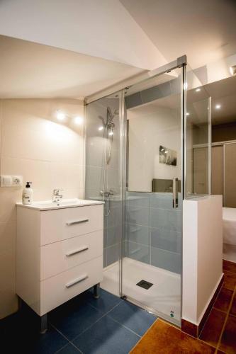a bathroom with a glass shower and a sink at Apartamentos Al Paso de Toledo, Puy du Fou a 10km in Burguillos de Toledo
