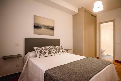 a bedroom with a bed with a pillow on it at Apartamentos Al Paso de Toledo, Puy du Fou a 10km in Burguillos de Toledo