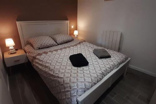 une chambre avec un lit avec deux oreillers dessus dans l'établissement Gîte confortable village médiéval Sainte-Jalle Baronnies provençales, à Sainte-Jalle