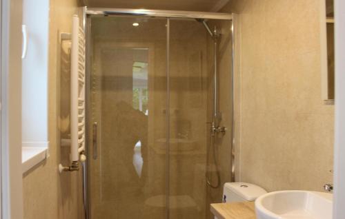 a glass shower in a bathroom with a sink at Nice stacaravan In Marienberg With Kitchen in Mariënberg