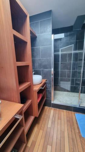 une salle de bain avec une douche, un lavabo et des toilettes dans l'établissement Maison duplex à 5 minutes à pied de la mer, à Binic