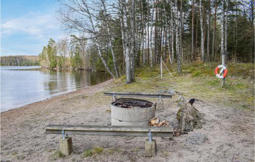 a fire pit on a beach next to a lake at Beautiful Home In Hyltebruk With Wifi in Hyltebruk