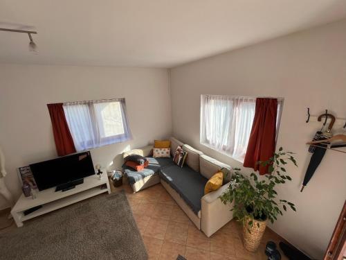 un soggiorno con divano e TV di Wash House Apartman a Győr