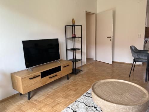 a living room with a flat screen tv on a wooden entertainment center at Gamlitz - RaStra Top 7 in Gamlitz