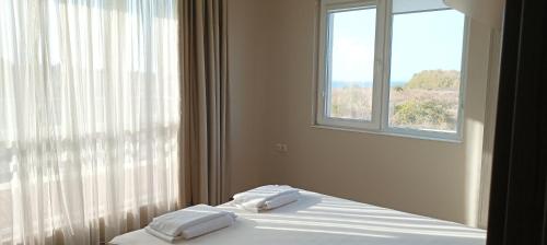 1 dormitorio con 1 cama con 2 almohadas y ventana en Swan Bay complex en Chernomorets