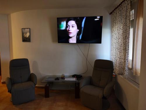 Televízia a/alebo spoločenská miestnosť v ubytovaní Reza apartman