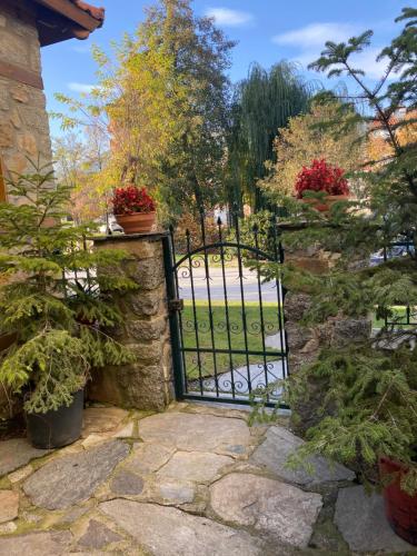 a gate to a garden with potted plants at Urban River House in Florina
