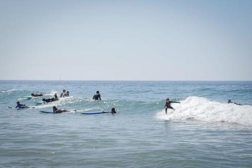 un grupo de personas montando una ola en tablas de surf en el océano en Fleur de cactus, Guesthouse, Tamraght, en Agadir