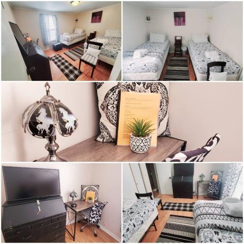 a collage of photos of a room with beds and a tv at Black-white Rm By Yale U in New Haven
