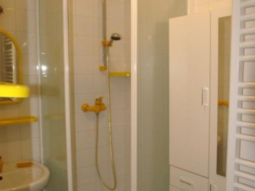 une salle de bain avec douche et lavabo dans l'établissement 3 pièces au pied des pistes avec balcon et casier à skis - FR-1-557-7, à Les Adrets