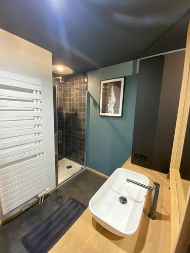 a bathroom with a white toilet and a shower at Maison de vacances la Grange 20 min de namur in Villeret