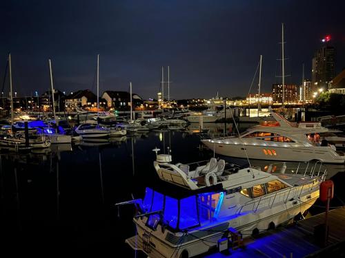 a group of boats docked in a harbor at night at LUXURY 40 FOOT YACHT ON 5 STAR OCEAN VILLAGE MARINA SOUTHAMPTON - minutes away from city centre and cruise terminals - Free parking included in Southampton