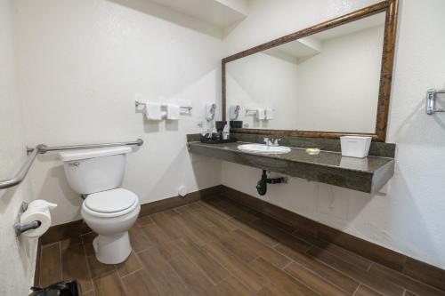a bathroom with a toilet and a sink and a mirror at Hospitality Inn in San Bernardino