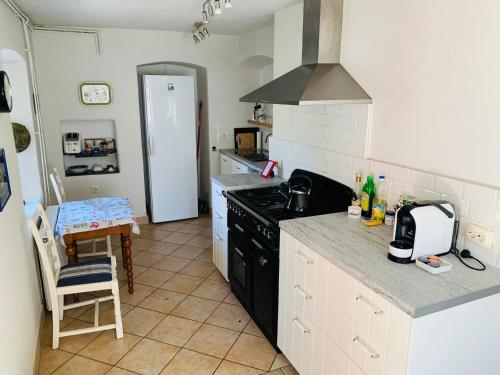 a kitchen with a stove and a counter top at The OldMillhouse in Mojstrana