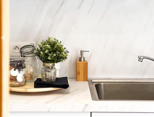 a kitchen counter with a sink and a vase of flowers at Clémentine in Theux