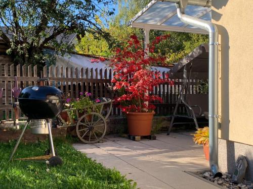 a grill and flowers in a yard next to a fence at The OldMillhouse in Mojstrana