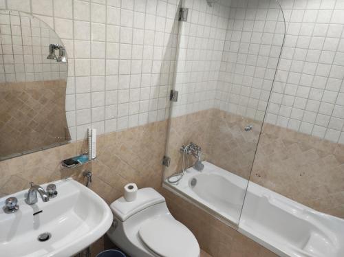 a bathroom with a sink and a toilet and a tub at Brzeen Hotel Riyadh in Riyadh
