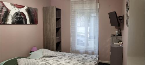 een slaapkamer met een bed, een raam en een televisie bij Chambres d'hôte in Sennecey-le-Grand