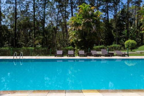 a swimming pool with chairs and a palm tree at Sítio com piscina, área arborizada e lazer in Jacareí