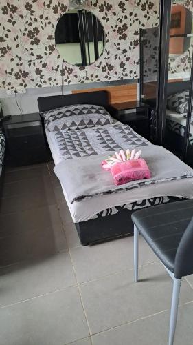 a bed with a pink pillow and a chair in a room at Sárkány Lak in Diósd