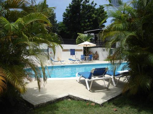 a swimming pool with two blue chairs and palm trees at 213 Golden Grove, Rockley in Bridgetown