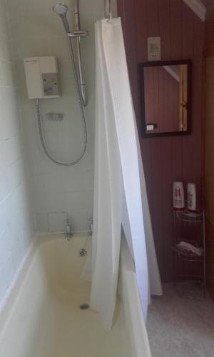 a bath tub with a shower curtain in a bathroom at Braeside cottage in Tarskavaig