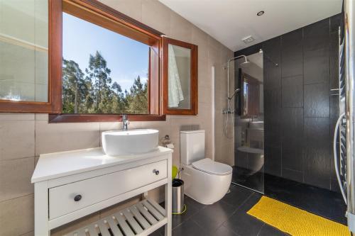 La salle de bains est pourvue d'un lavabo, de toilettes et d'une fenêtre. dans l'établissement Quinta das Camarinhas, à Cantanhede