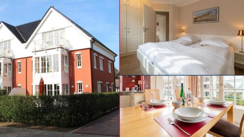 two pictures of a bedroom and a house at Ferienwohnung Seeschwalbe in Südstrand