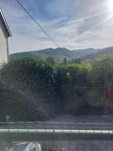 a view of a yard with a fence and mountains at Chez Nadine in Ranspach