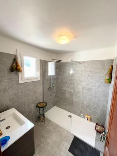 une salle de bain avec une baignoire blanche et un lavabo dans l'établissement Villa Jeannette, à Grosseto-Prugna