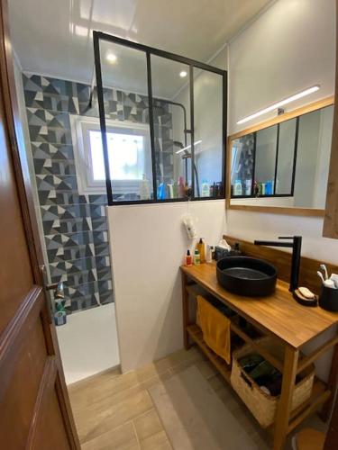 une salle de bain avec un lavabo et un miroir dans l'établissement Maison (4pers) confortable entre bassin et océan, à Arès