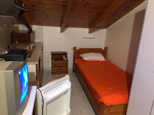 a small room with a bed and a kitchen with a tv at Ion Apartments Messolonghi Single Bed Room Mountain View Loft in Missolonghi