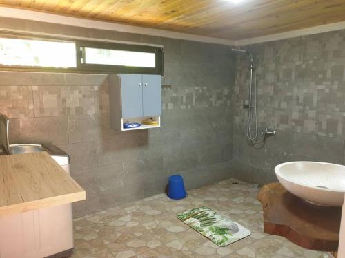a bathroom with a sink and a toilet and a shower at Ohana Location Ravissant appart spacieux parking gratuit à uturoa in Uturoa