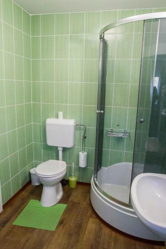 a bathroom with a toilet and a shower and a sink at Vár-Liget Vendégház in Kisnána