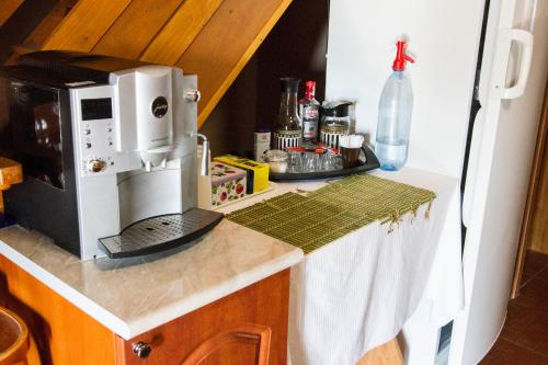 a kitchen counter with a microwave on top of it at Vár-Liget Vendégház in Kisnána