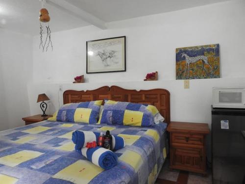 1 dormitorio con 1 cama con edredón azul y amarillo en Habitación independiente a pie del lago con AC en Tequesquitengo