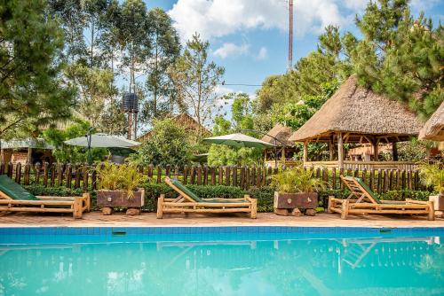 a pool at a resort with chairs and umbrellas at Elite Backpackers Services in Masaka
