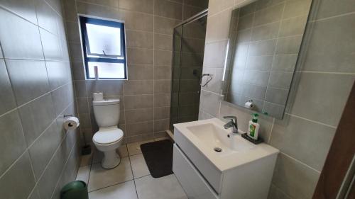 a bathroom with a sink and a toilet and a mirror at The Blyde Crystal Lagoon One Bedroom Apartment in Pretoria